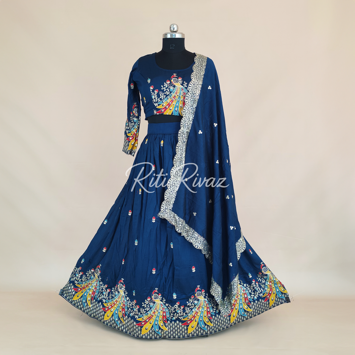 Blue Color Pure Vichitra Silk Heavy Embroidery Sequence And Thread Work Navratri Ready To Wear Lehenga Choli, Garba Lehenga, Stitched Choli