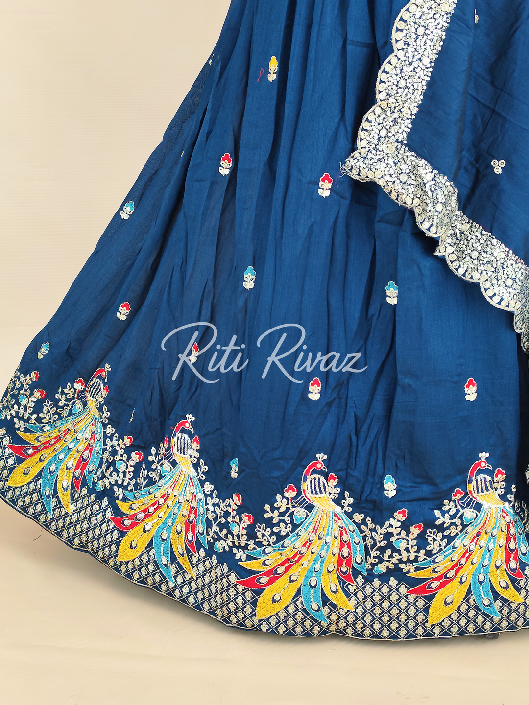 Blue Color Pure Vichitra Silk Heavy Embroidery Sequence And Thread Work Navratri Ready To Wear Lehenga Choli, Garba Lehenga, Stitched Choli