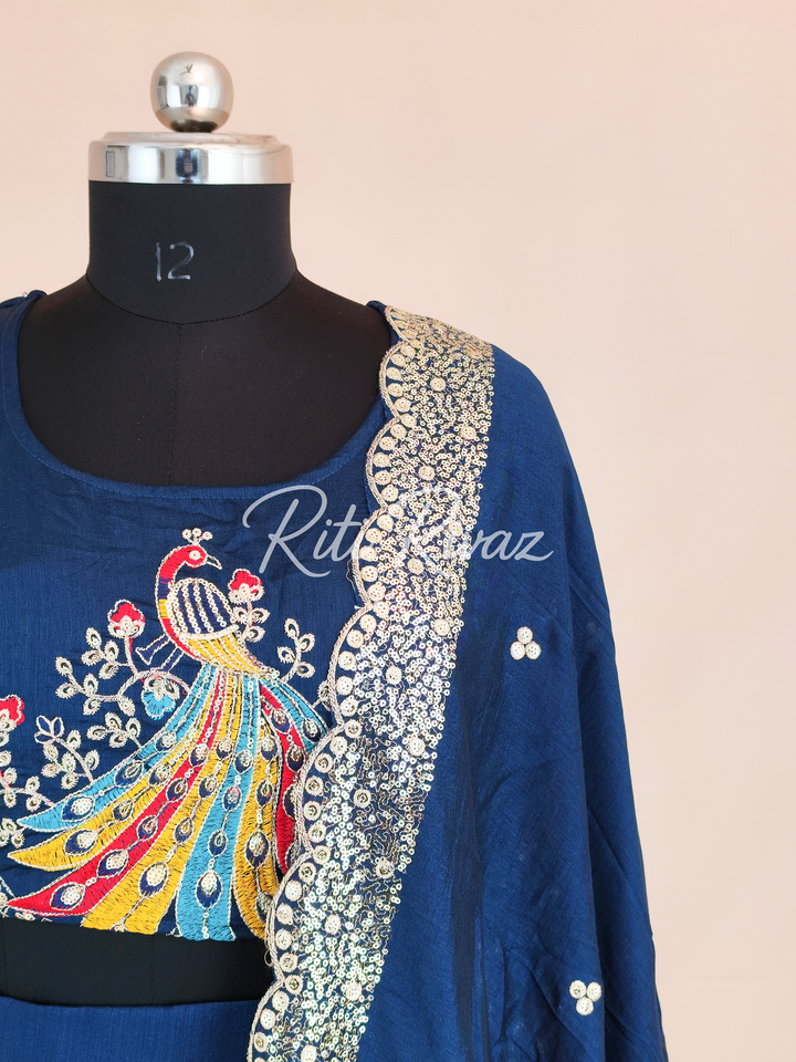 Blue Color Pure Vichitra Silk Heavy Embroidery Sequence And Thread Work Navratri Ready To Wear Lehenga Choli, Garba Lehenga, Stitched Choli