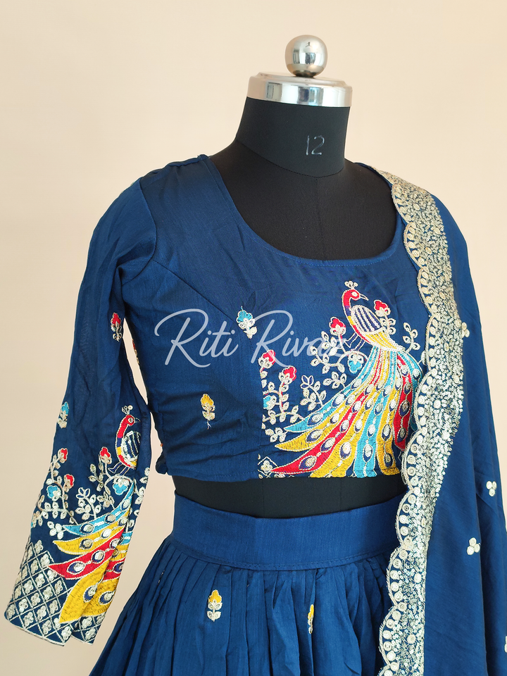 Blue Color Pure Vichitra Silk Heavy Embroidery Sequence And Thread Work Navratri Ready To Wear Lehenga Choli, Garba Lehenga, Stitched Choli