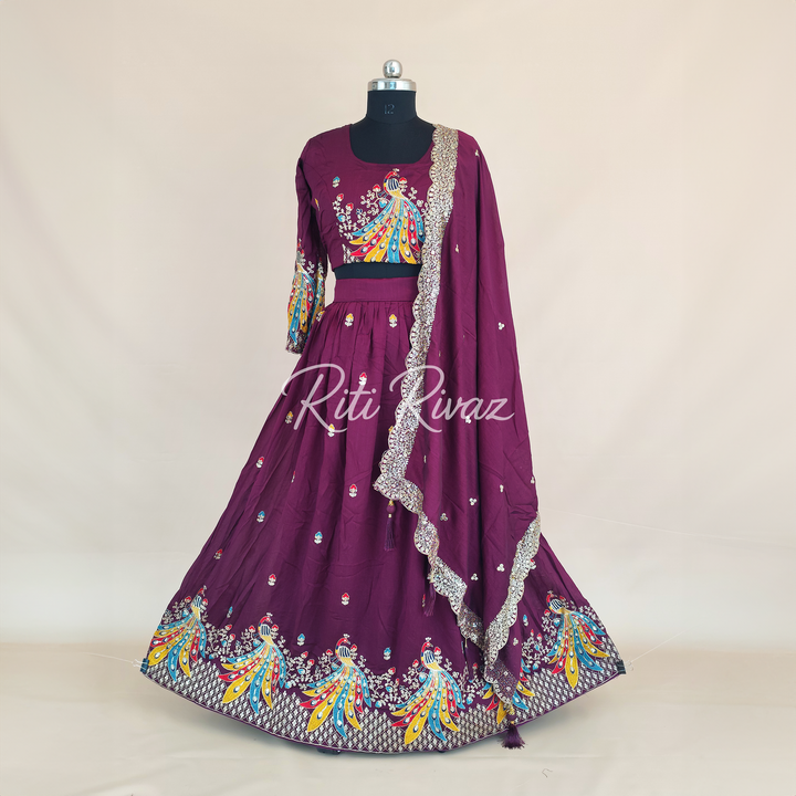 Maroon Color Pure Vichitra Silk Heavy Embroidery Sequence And Thread Work Navratri Ready To Wear Lehenga Choli, Garba Lehenga,Stitched Choli