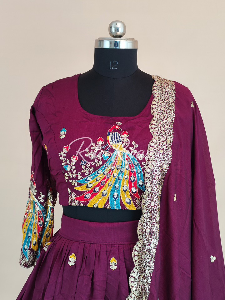 Maroon Color Pure Vichitra Silk Heavy Embroidery Sequence And Thread Work Navratri Ready To Wear Lehenga Choli, Garba Lehenga,Stitched Choli