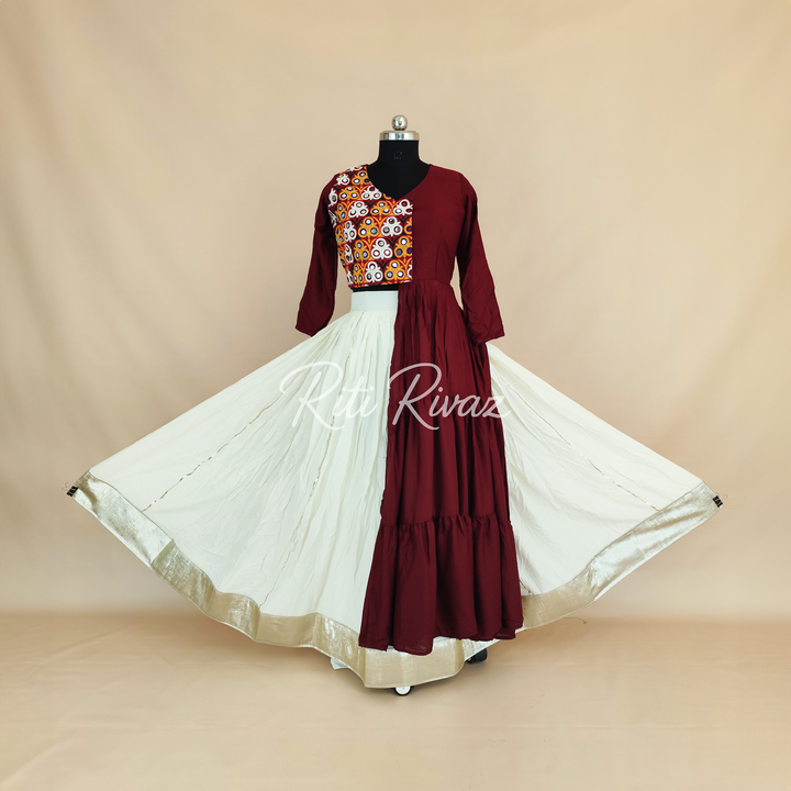 White and Maroon Pure Cotton With Heavy Gamathi With Real Mirror Work Navratri Lehenga Choli, Garba Lehenga Choli, Ready To Wear Lehenga