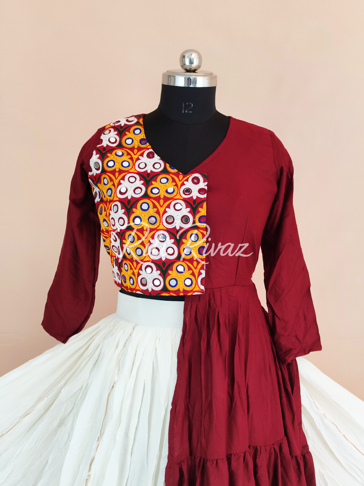 White and Maroon Pure Cotton With Heavy Gamathi With Real Mirror Work Navratri Lehenga Choli, Garba Lehenga Choli, Ready To Wear Lehenga