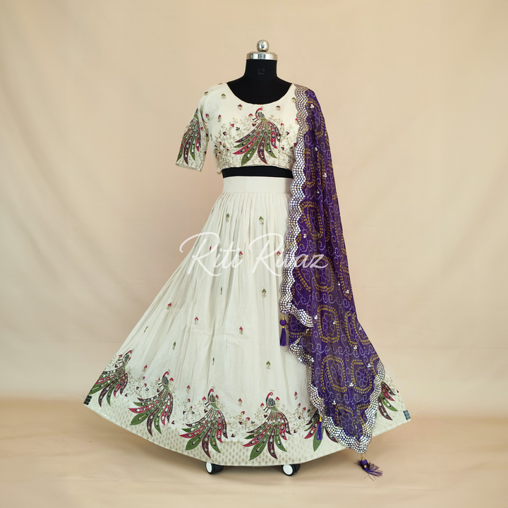 Beige and Purple Color Pure Tissue silk Heavy Embroidery Sequence And Thread Work Navratri Ready To Wear Lehenga Choli, Bandhani Print
