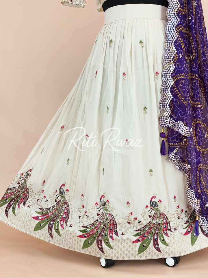 Beige and Purple Color Pure Tissue silk Heavy Embroidery Sequence And Thread Work Navratri Ready To Wear Lehenga Choli, Bandhani Print