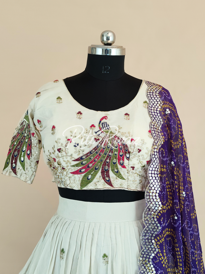 Beige and Purple Color Pure Tissue silk Heavy Embroidery Sequence And Thread Work Navratri Ready To Wear Lehenga Choli, Bandhani Print