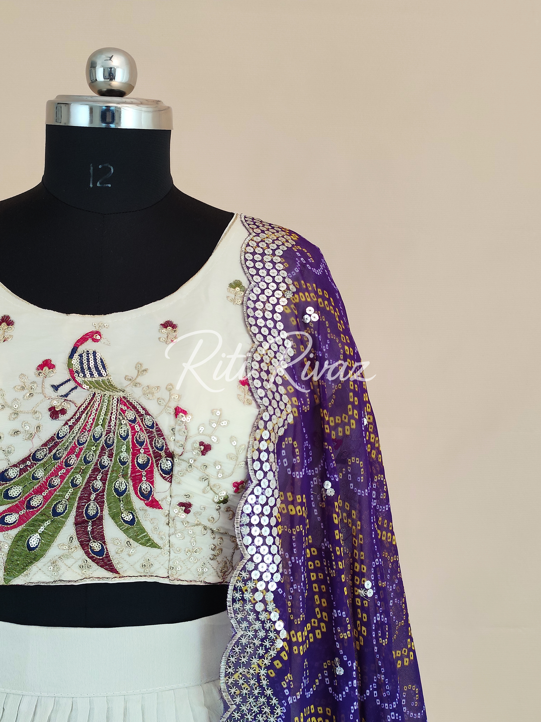 Beige and Purple Color Pure Tissue silk Heavy Embroidery Sequence And Thread Work Navratri Ready To Wear Lehenga Choli, Bandhani Print