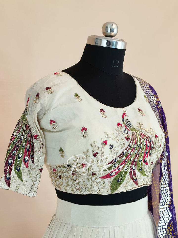 Beige and Purple Color Pure Tissue silk Heavy Embroidery Sequence And Thread Work Navratri Ready To Wear Lehenga Choli, Bandhani Print