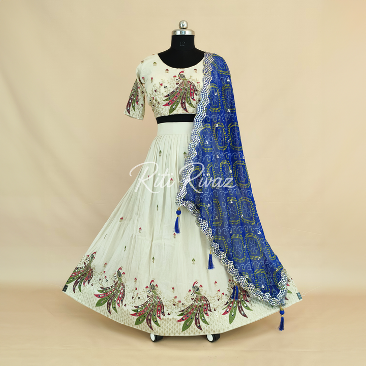 Beige and Blue Color Pure Tissue silk Heavy Embroidery Sequence And Thread Work Navratri Ready To Wear Lehenga Choli, Bandhani Print