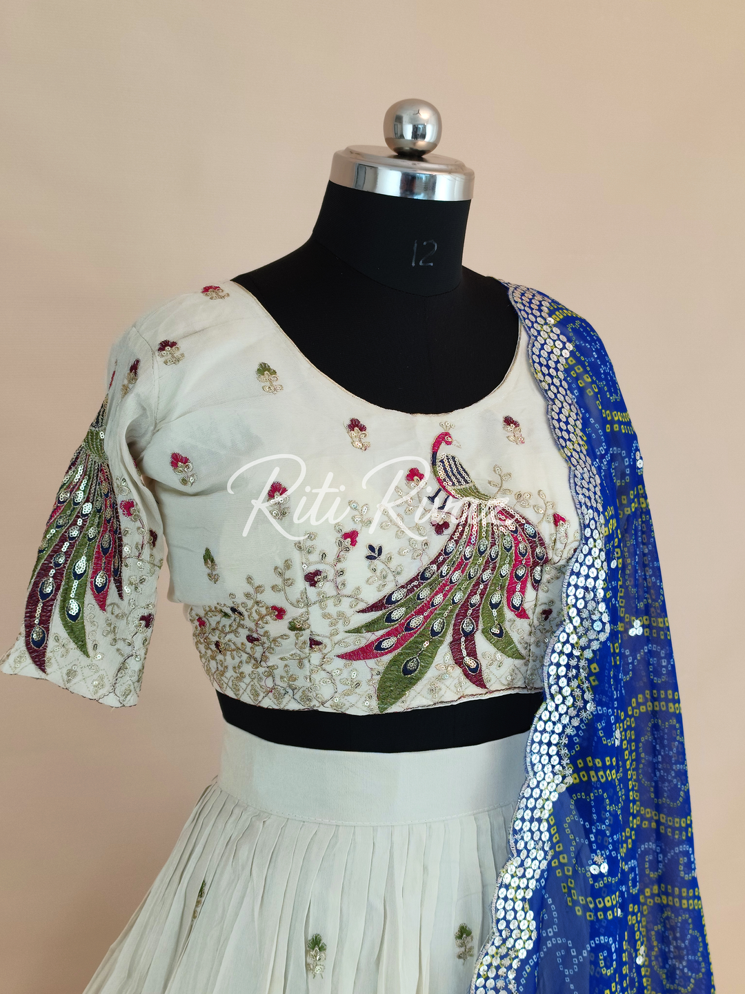 Beige and Blue Color Pure Tissue silk Heavy Embroidery Sequence And Thread Work Navratri Ready To Wear Lehenga Choli, Bandhani Print