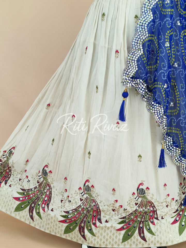Beige and Blue Color Pure Tissue silk Heavy Embroidery Sequence And Thread Work Navratri Ready To Wear Lehenga Choli, Bandhani Print