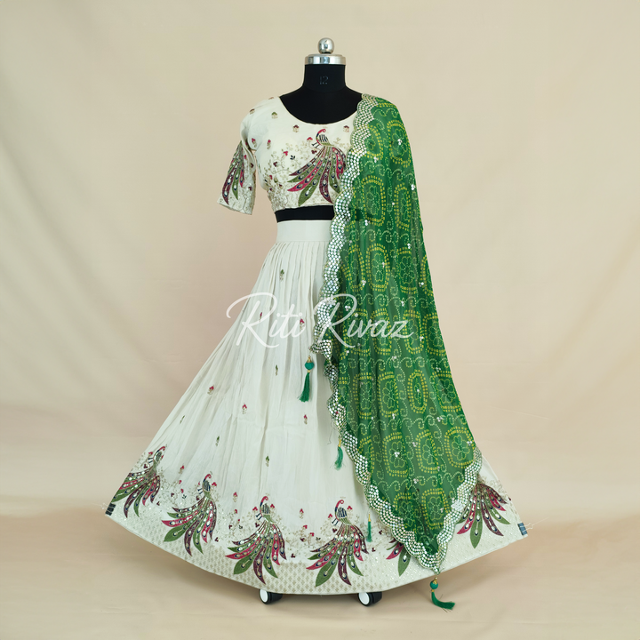 Beige and Green Color Pure Tissue silk Heavy Embroidery Sequence And Thread Work Navratri Ready To Wear Lehenga Choli, Bandhani Print