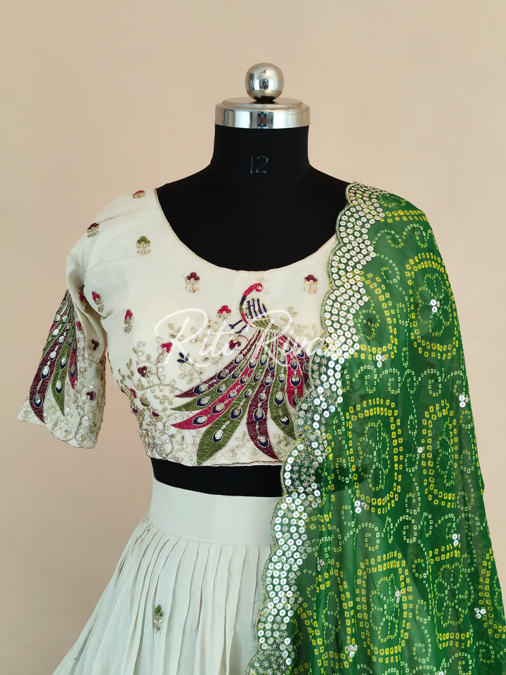 Beige and Green Color Pure Tissue silk Heavy Embroidery Sequence And Thread Work Navratri Ready To Wear Lehenga Choli, Bandhani Print