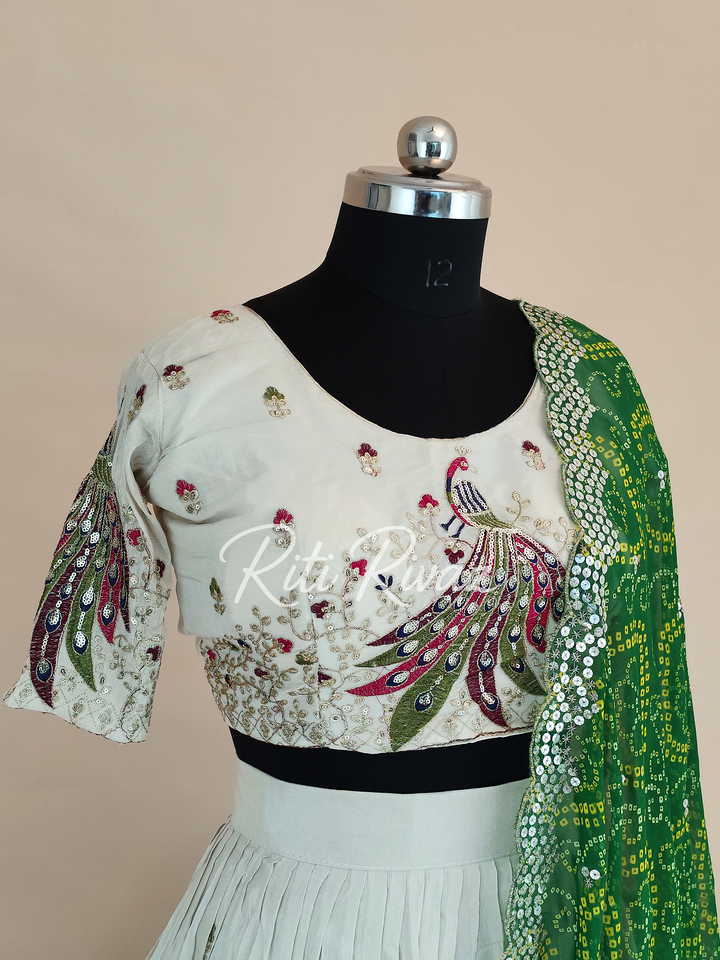 Beige and Green Color Pure Tissue silk Heavy Embroidery Sequence And Thread Work Navratri Ready To Wear Lehenga Choli, Bandhani Print