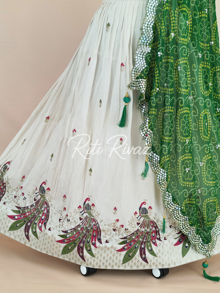 Beige and Green Color Pure Tissue silk Heavy Embroidery Sequence And Thread Work Navratri Ready To Wear Lehenga Choli, Bandhani Print