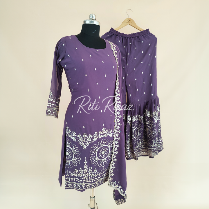 Dashing Purple Color Georgette Fabric Heavy Embroidery Sequence Work Top , Palazzo, Dupatta Ready to wear Suit, Pakistani Suit, Panjabi