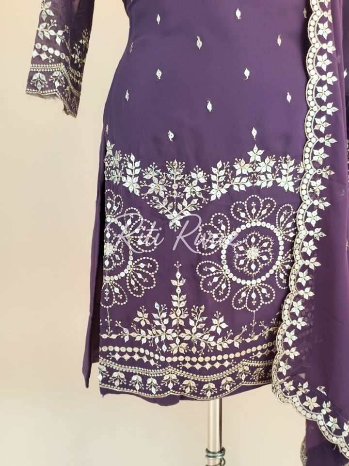 Dashing Purple Color Georgette Fabric Heavy Embroidery Sequence Work Top , Palazzo, Dupatta Ready to wear Suit, Pakistani Suit, Panjabi