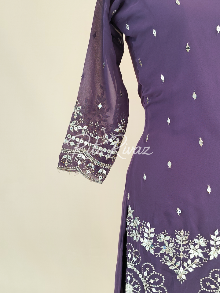 Dashing Purple Color Georgette Fabric Heavy Embroidery Sequence Work Top , Palazzo, Dupatta Ready to wear Suit, Pakistani Suit, Panjabi
