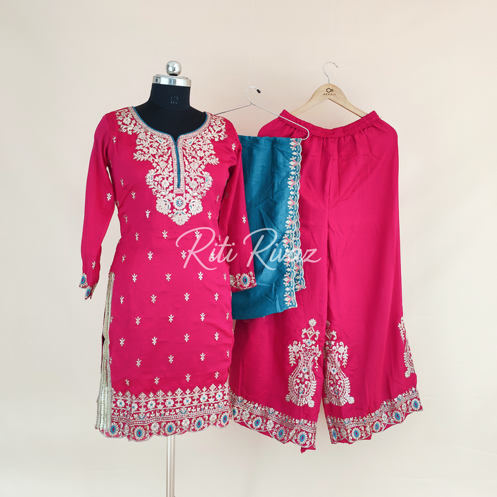 Charming Pink Color Vichitra silk Fabric Heavy Embroidery Thread And Sequence Work Top , Palazzo, Dupatta Ready to wear Suit, Pakistani Suit