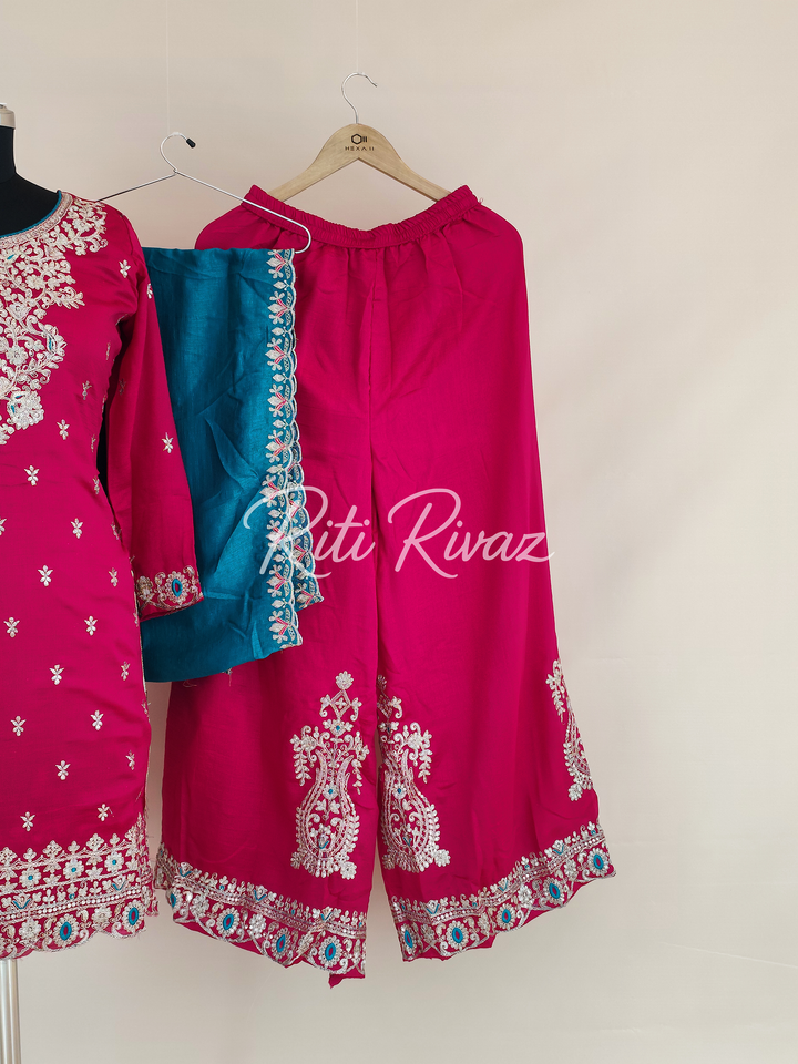 Charming Pink Color Vichitra silk Fabric Heavy Embroidery Thread And Sequence Work Top , Palazzo, Dupatta Ready to wear Suit, Pakistani Suit