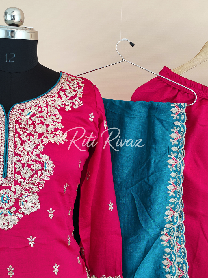 Charming Pink Color Vichitra silk Fabric Heavy Embroidery Thread And Sequence Work Top , Palazzo, Dupatta Ready to wear Suit, Pakistani Suit