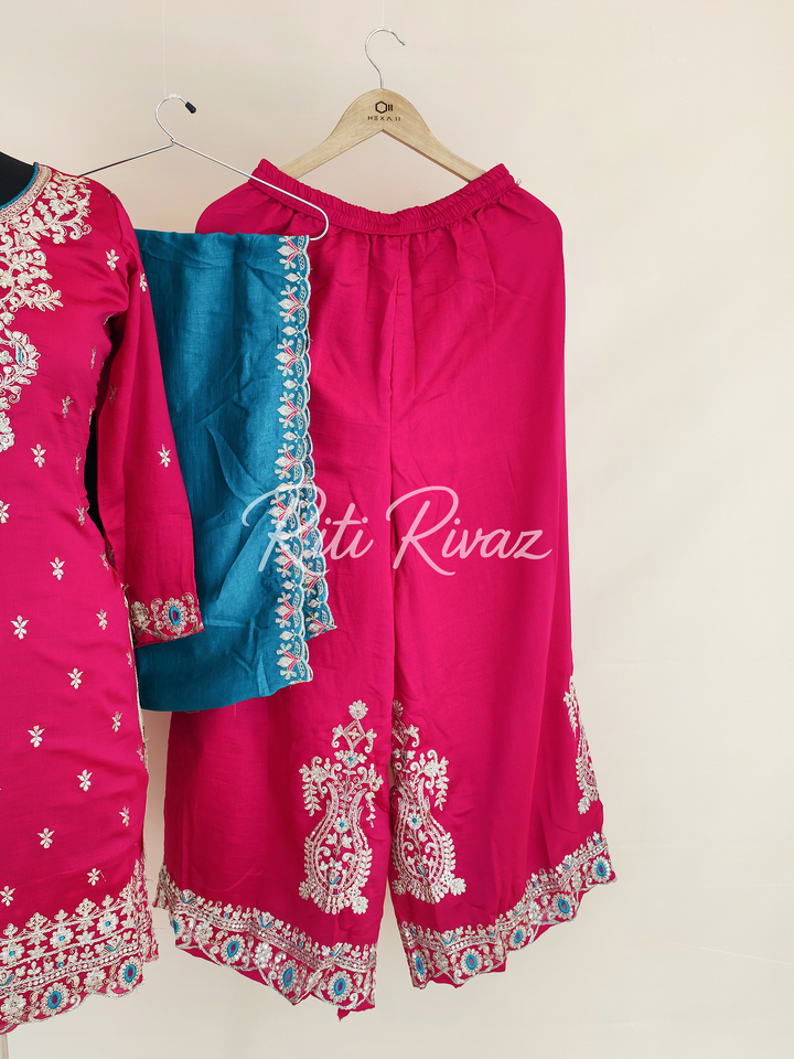 Charming Pink Color Vichitra silk Fabric Heavy Embroidery Thread And Sequence Work Top , Palazzo, Dupatta Ready to wear Suit, Pakistani Suit