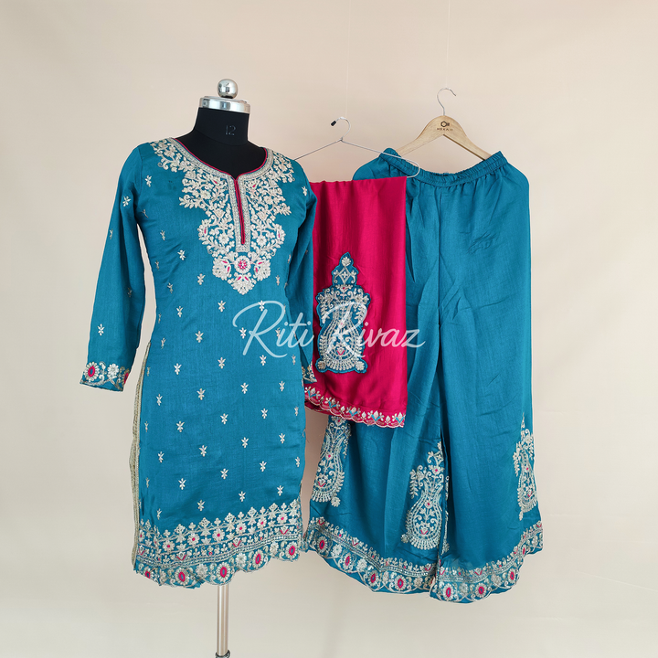 Charming Turquoise Color Vichitra silk Fabric Heavy Embroidery Thread And Sequence Work Top , Palazzo, Dupatta Ready to wear Suit Pakistani