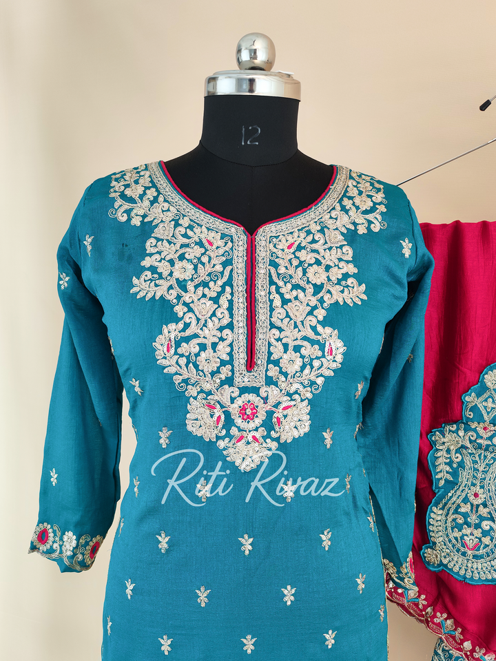 Charming Turquoise Color Vichitra silk Fabric Heavy Embroidery Thread And Sequence Work Top , Palazzo, Dupatta Ready to wear Suit Pakistani