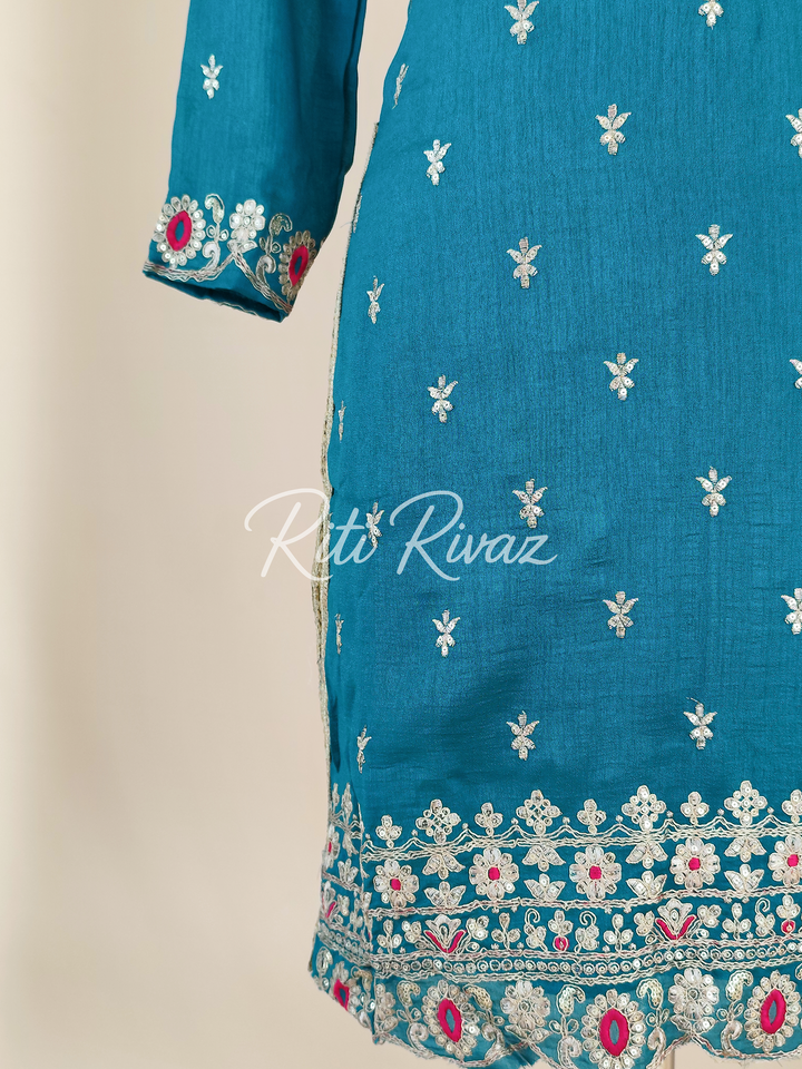 Charming Turquoise Color Vichitra silk Fabric Heavy Embroidery Thread And Sequence Work Top , Palazzo, Dupatta Ready to wear Suit Pakistani