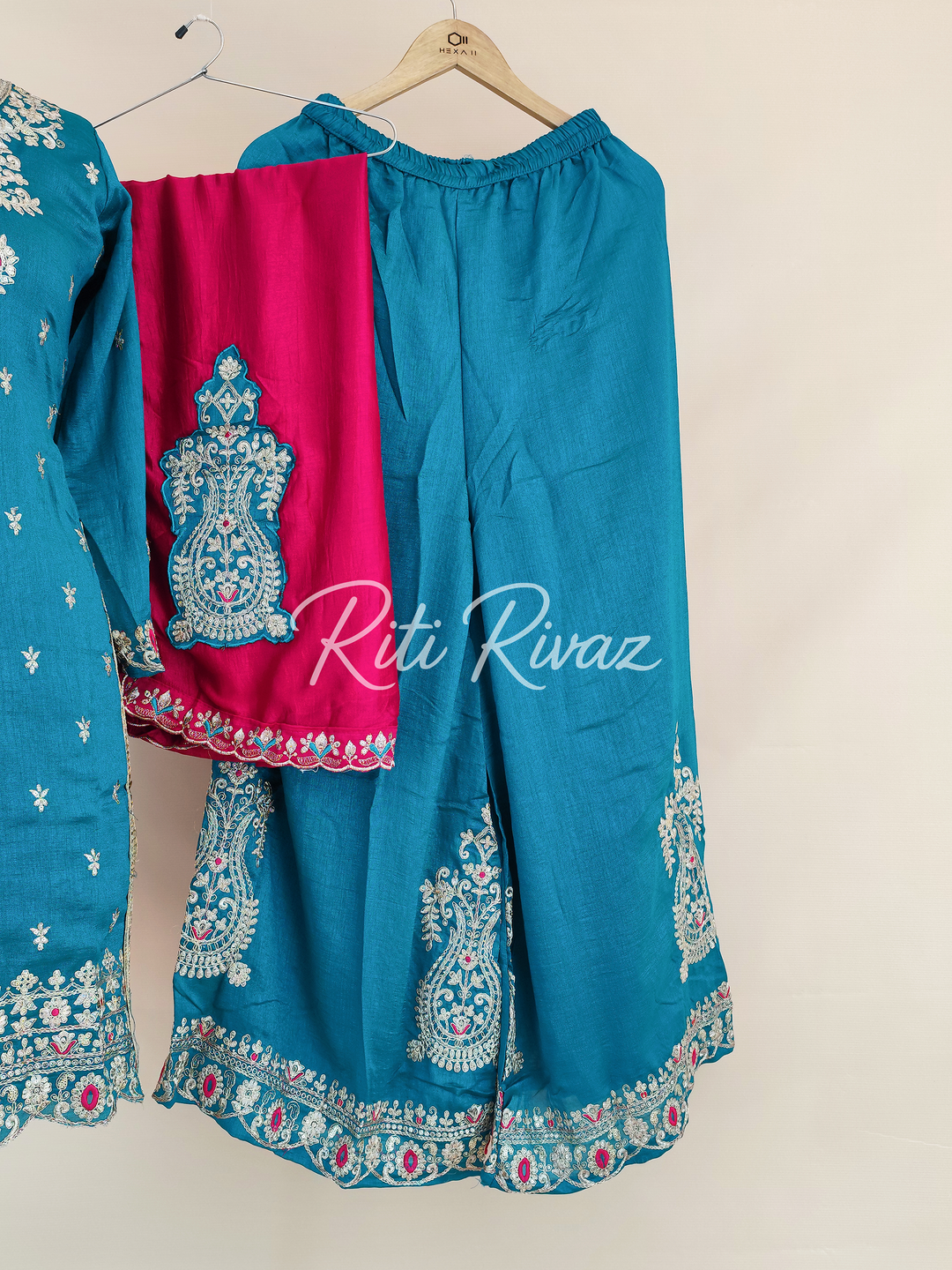 Charming Turquoise Color Vichitra silk Fabric Heavy Embroidery Thread And Sequence Work Top , Palazzo, Dupatta Ready to wear Suit Pakistani