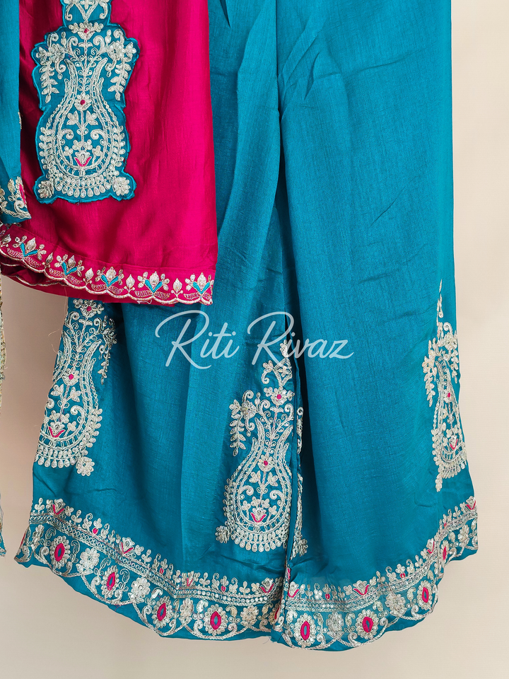 Charming Turquoise Color Vichitra silk Fabric Heavy Embroidery Thread And Sequence Work Top , Palazzo, Dupatta Ready to wear Suit Pakistani