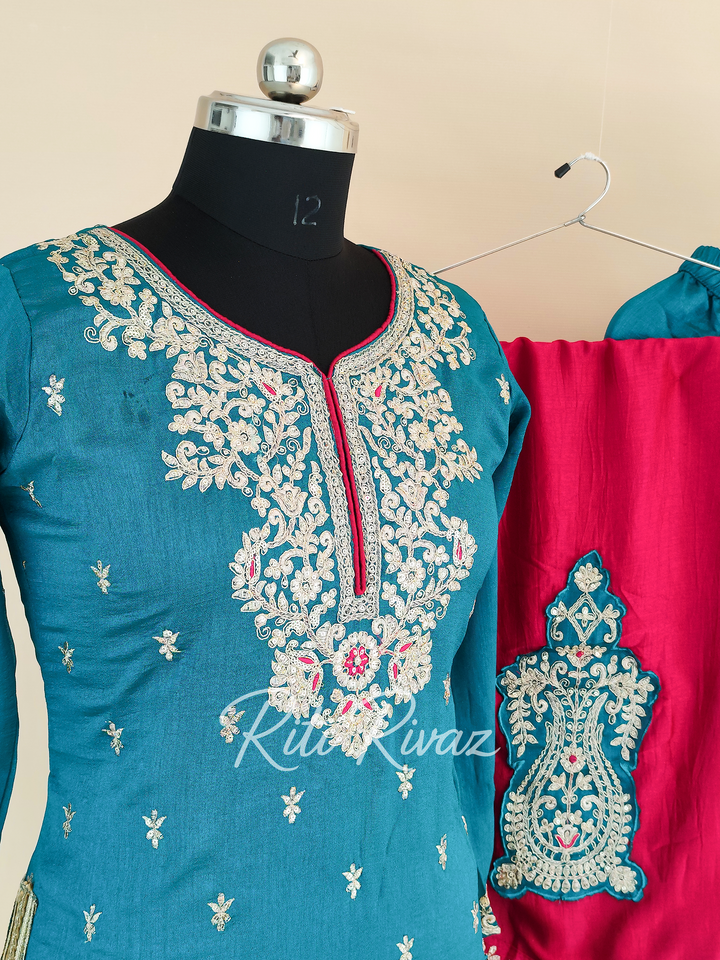 Charming Turquoise Color Vichitra silk Fabric Heavy Embroidery Thread And Sequence Work Top , Palazzo, Dupatta Ready to wear Suit Pakistani
