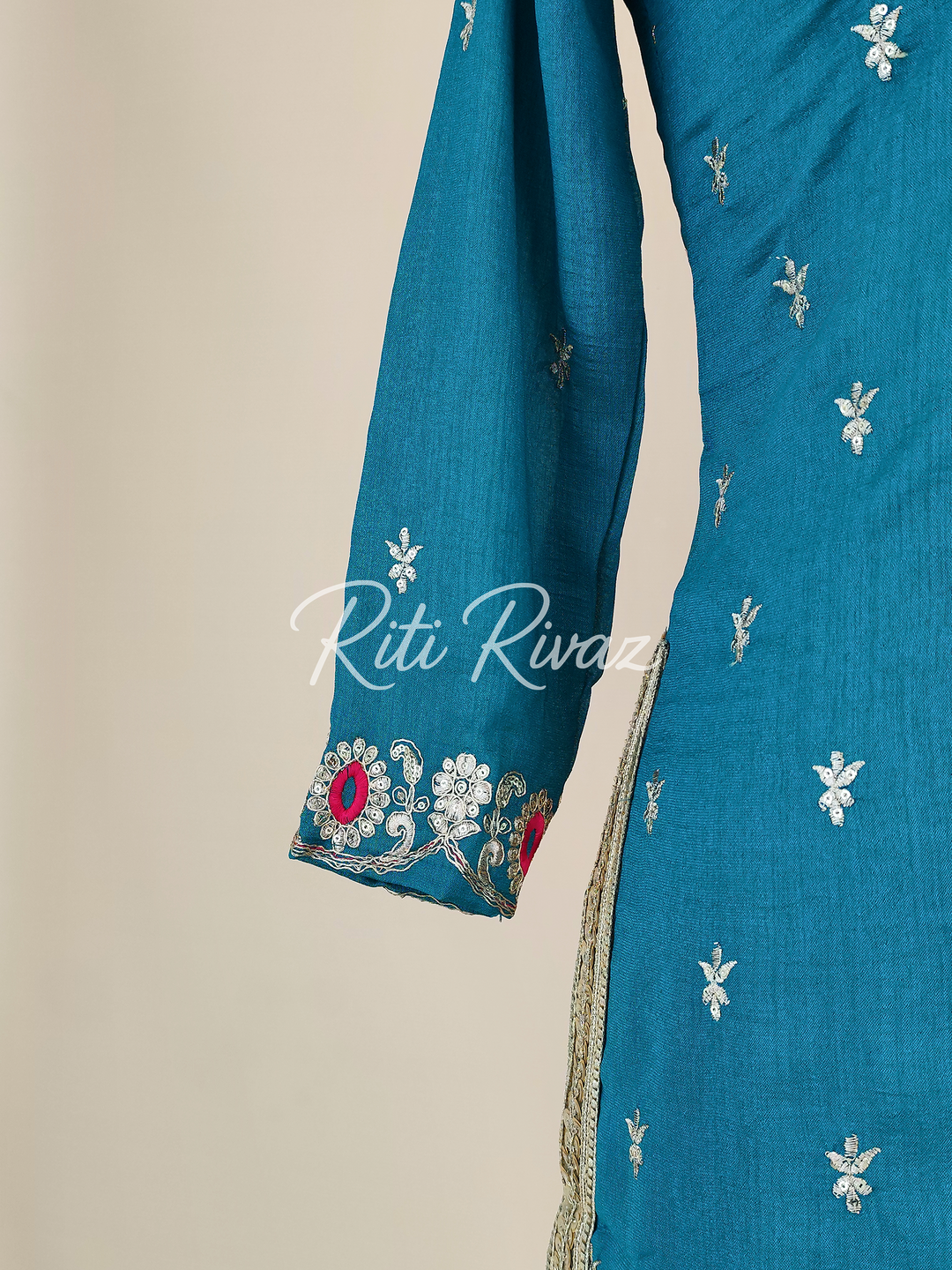 Charming Turquoise Color Vichitra silk Fabric Heavy Embroidery Thread And Sequence Work Top , Palazzo, Dupatta Ready to wear Suit Pakistani