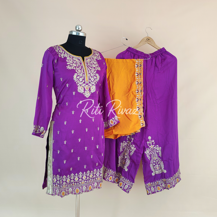 Glossy Purple Color Vichitra silk Fabric Heavy Embroidery Thread And Sequence Work Top , Palazzo, Dupatta Ready to wear Suit, Pakistani Suit