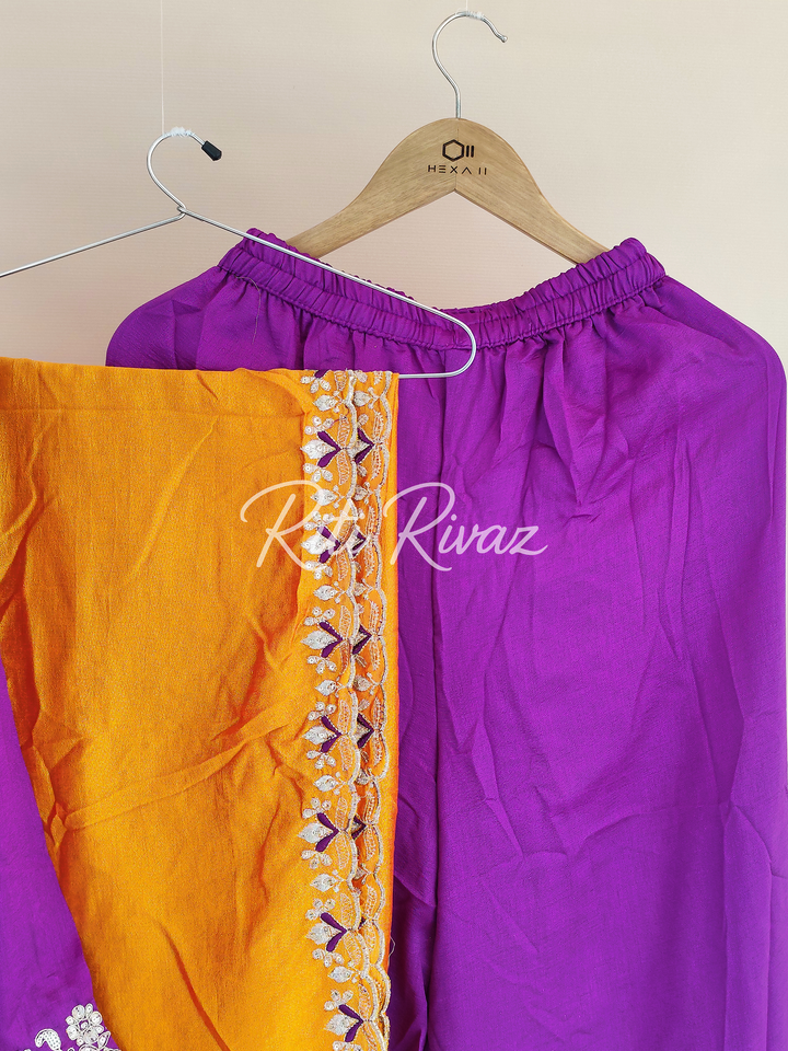 Glossy Purple Color Vichitra silk Fabric Heavy Embroidery Thread And Sequence Work Top , Palazzo, Dupatta Ready to wear Suit, Pakistani Suit