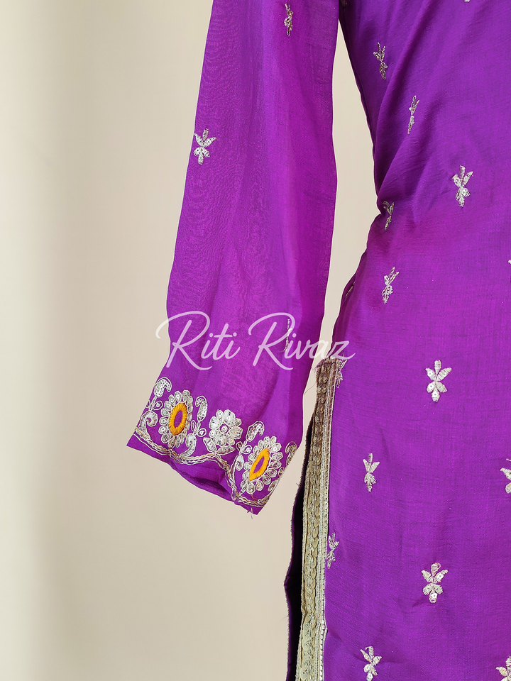 Glossy Purple Color Vichitra silk Fabric Heavy Embroidery Thread And Sequence Work Top , Palazzo, Dupatta Ready to wear Suit, Pakistani Suit