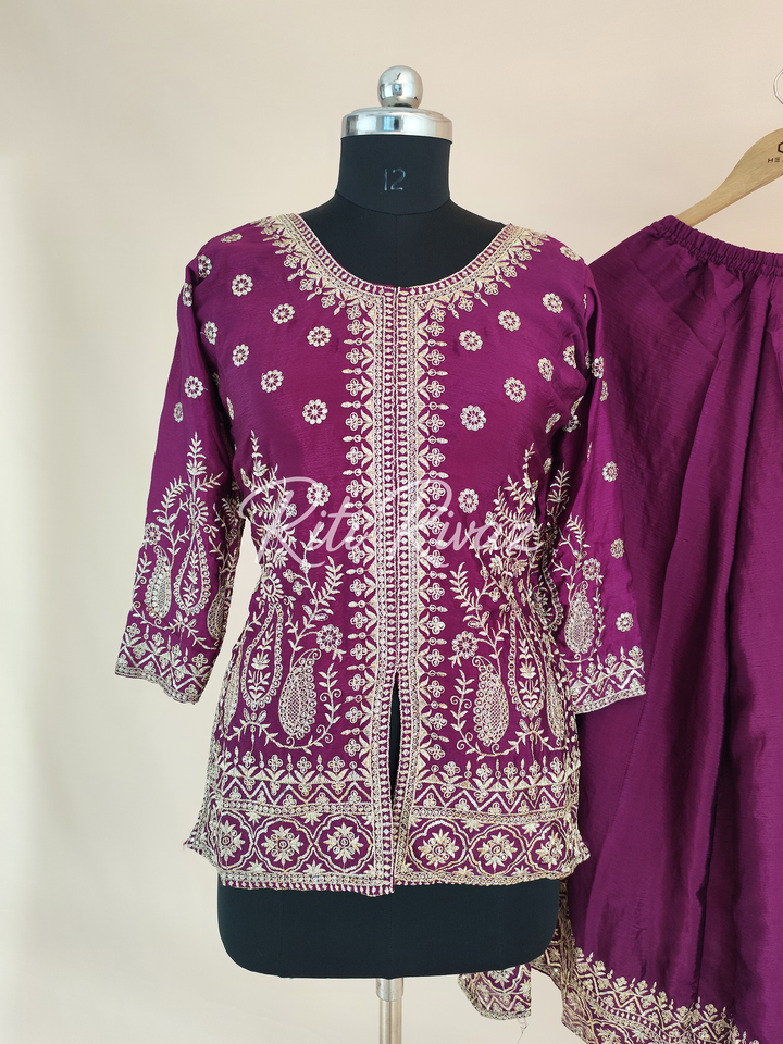 Magnificent Rani Color Chinon Fabric Heavy Embroidery Sequence Work Top , Palazzo, Dupatta Ready to wear Suit, Pakistani Suit, Panjabi Suit