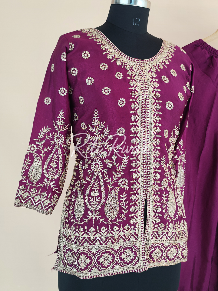 Magnificent Rani Color Chinon Fabric Heavy Embroidery Sequence Work Top , Palazzo, Dupatta Ready to wear Suit, Pakistani Suit, Panjabi Suit