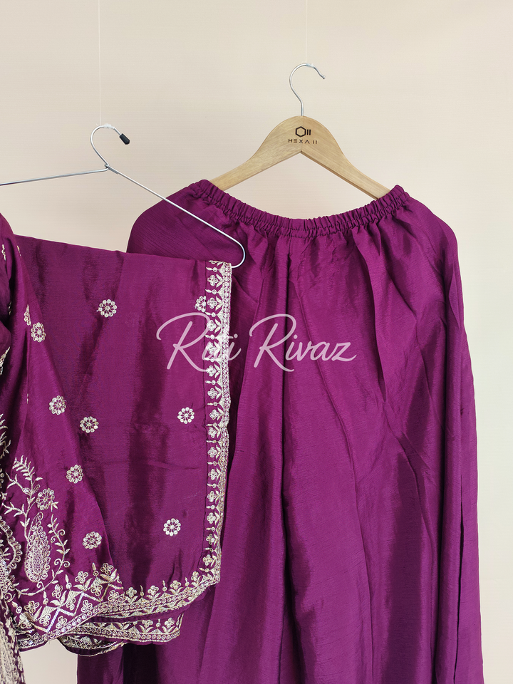 Magnificent Rani Color Chinon Fabric Heavy Embroidery Sequence Work Top , Palazzo, Dupatta Ready to wear Suit, Pakistani Suit, Panjabi Suit
