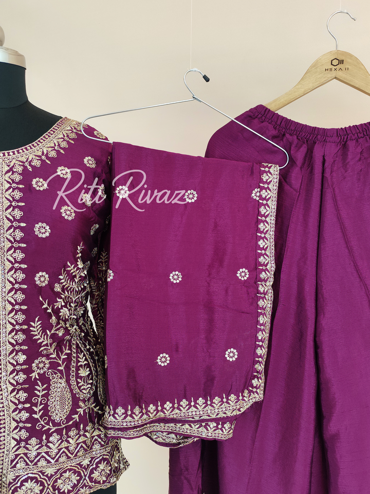 Magnificent Rani Color Chinon Fabric Heavy Embroidery Sequence Work Top , Palazzo, Dupatta Ready to wear Suit, Pakistani Suit, Panjabi Suit