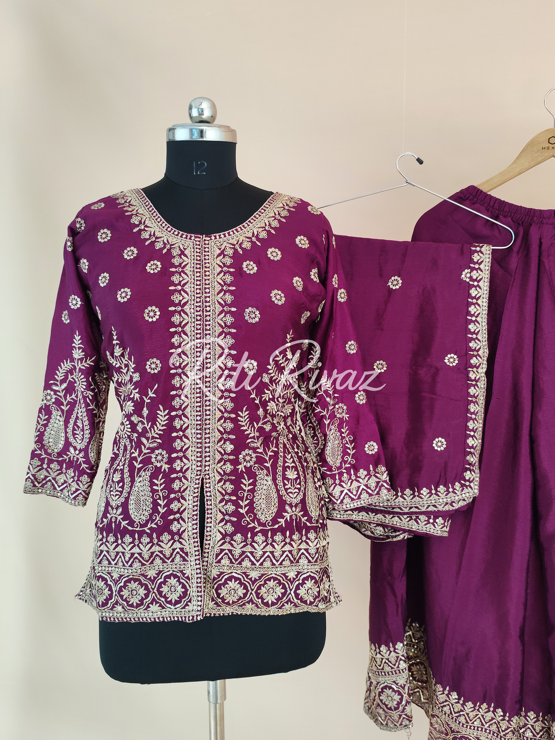 Magnificent Rani Color Chinon Fabric Heavy Embroidery Sequence Work Top , Palazzo, Dupatta Ready to wear Suit, Pakistani Suit, Panjabi Suit