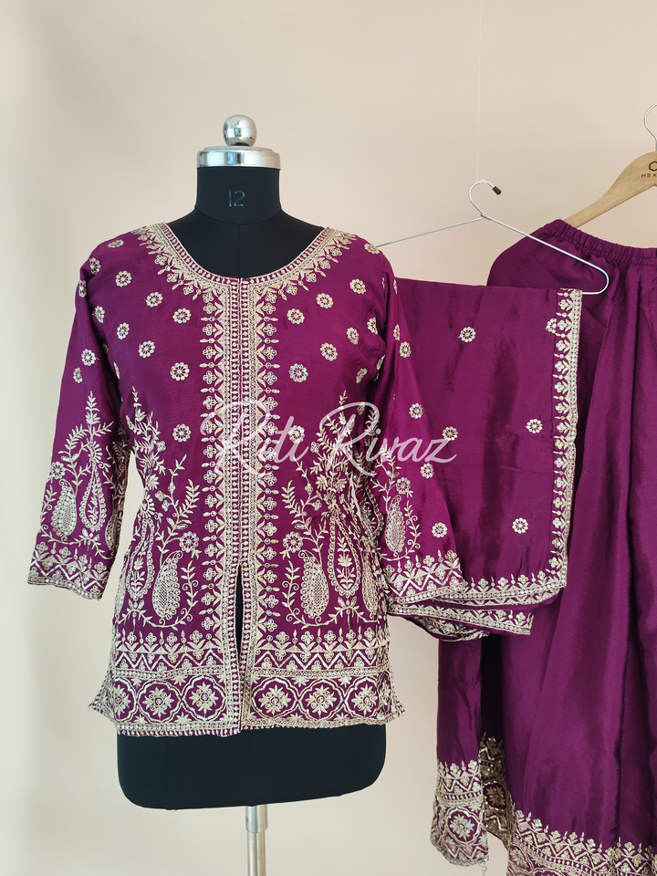Magnificent Rani Color Chinon Fabric Heavy Embroidery Sequence Work Top , Palazzo, Dupatta Ready to wear Suit, Pakistani Suit, Panjabi Suit