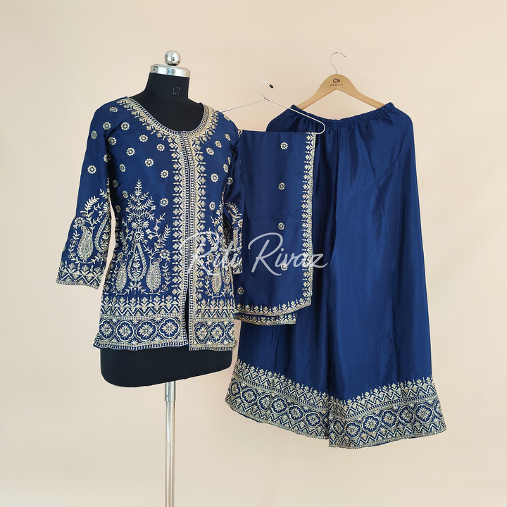 Classic Blue Color Chinon Fabric Heavy Embroidery Sequence Work Top , Palazzo, Dupatta Ready to wear Suit, Pakistani Suit, Panjabi Suit