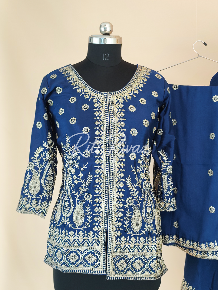 Classic Blue Color Chinon Fabric Heavy Embroidery Sequence Work Top , Palazzo, Dupatta Ready to wear Suit, Pakistani Suit, Panjabi Suit