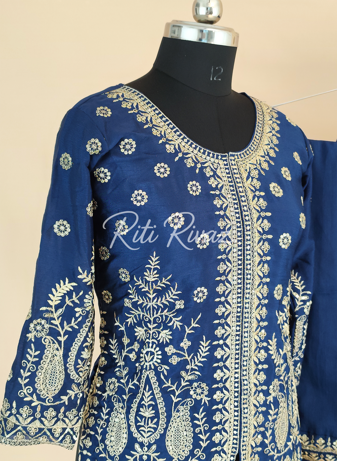 Classic Blue Color Chinon Fabric Heavy Embroidery Sequence Work Top , Palazzo, Dupatta Ready to wear Suit, Pakistani Suit, Panjabi Suit