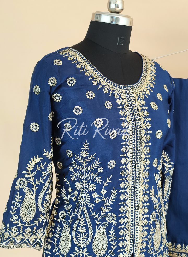 Classic Blue Color Chinon Fabric Heavy Embroidery Sequence Work Top , Palazzo, Dupatta Ready to wear Suit, Pakistani Suit, Panjabi Suit