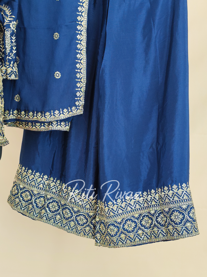 Classic Blue Color Chinon Fabric Heavy Embroidery Sequence Work Top , Palazzo, Dupatta Ready to wear Suit, Pakistani Suit, Panjabi Suit
