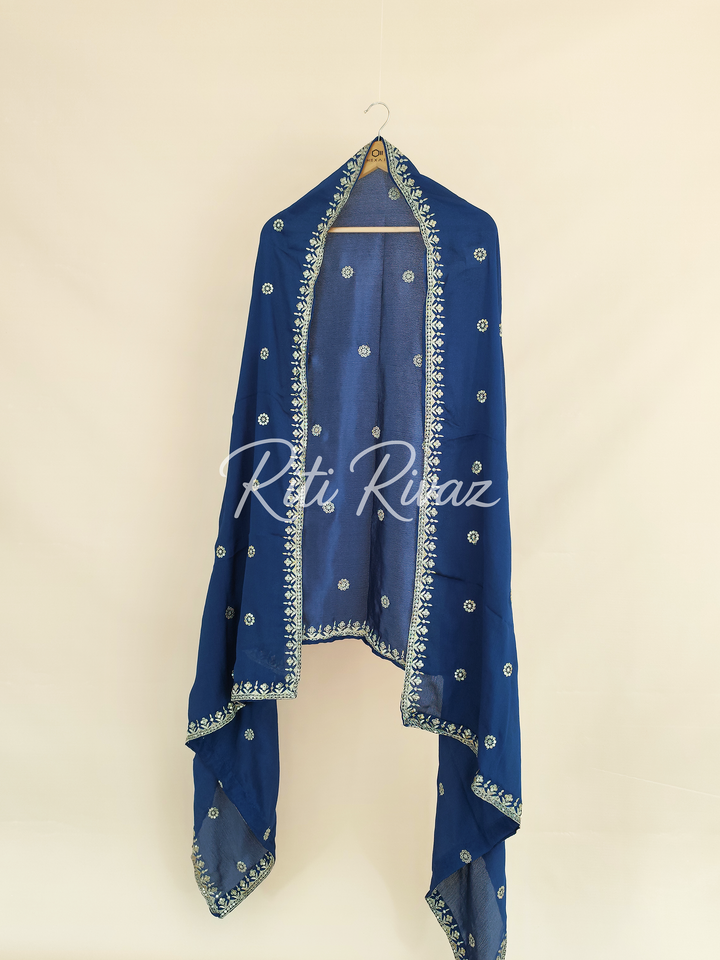Classic Blue Color Chinon Fabric Heavy Embroidery Sequence Work Top , Palazzo, Dupatta Ready to wear Suit, Pakistani Suit, Panjabi Suit