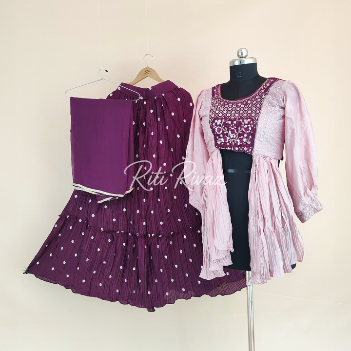 Dark Pink Chinon Fabric With Real Handwork, Khalti work Crop-Top with Lehenga and Dupatta For Women, Women Crop-Top, Fancy Crop-Top